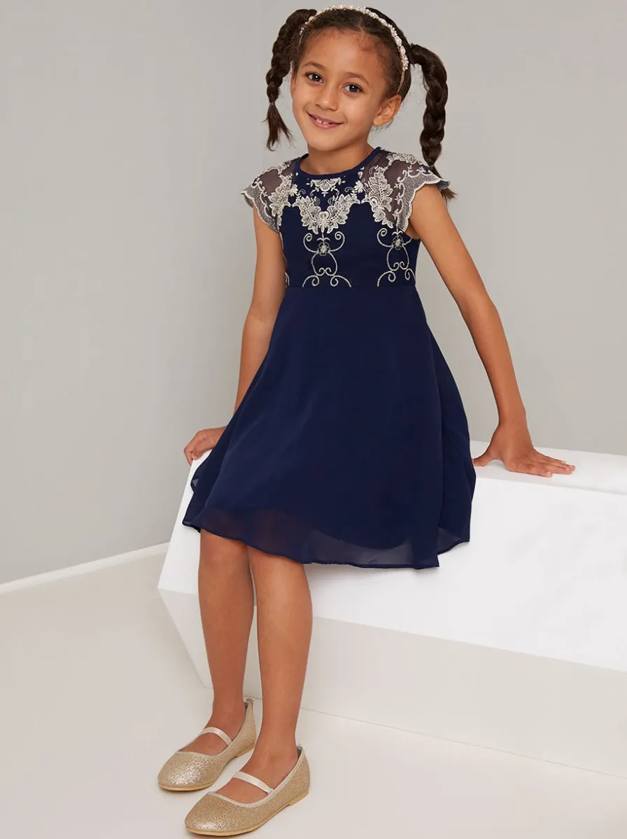 Girls Embroidered Skater Dress in Blue sold by Chi Chi London product image thumbnail 3