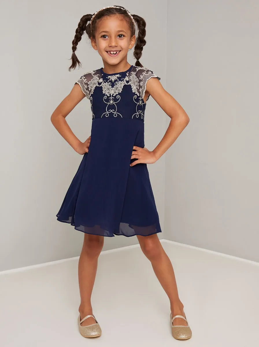 Girls Embroidered Skater Dress in Blue sold by Chi Chi London