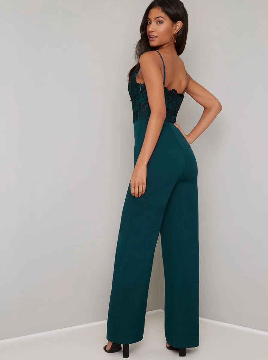 Cami Strap Lace Bodice Wide Leg Jumpsuit in Green sold by Chi Chi London product image thumbnail 3