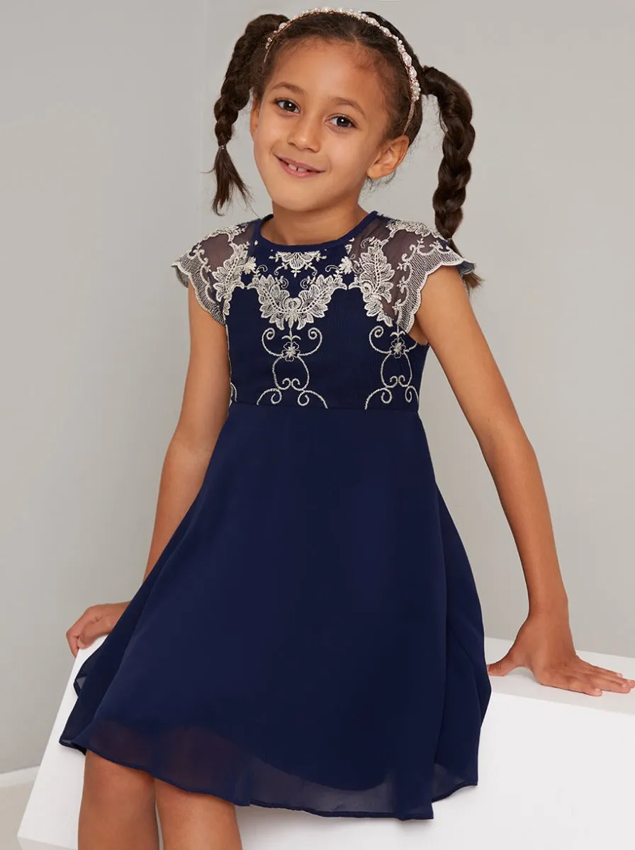 Girls Embroidered Skater Dress in Blue sold by Chi Chi London product image thumbnail 2
