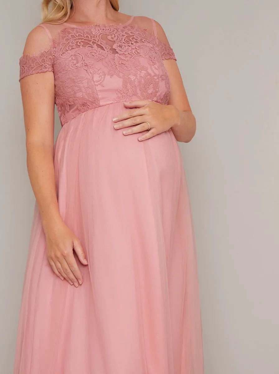 Maternity Lace Overlay Bodice Short Sleeve Maxi Dress in Pink sold by Chi Chi London product image thumbnail 3