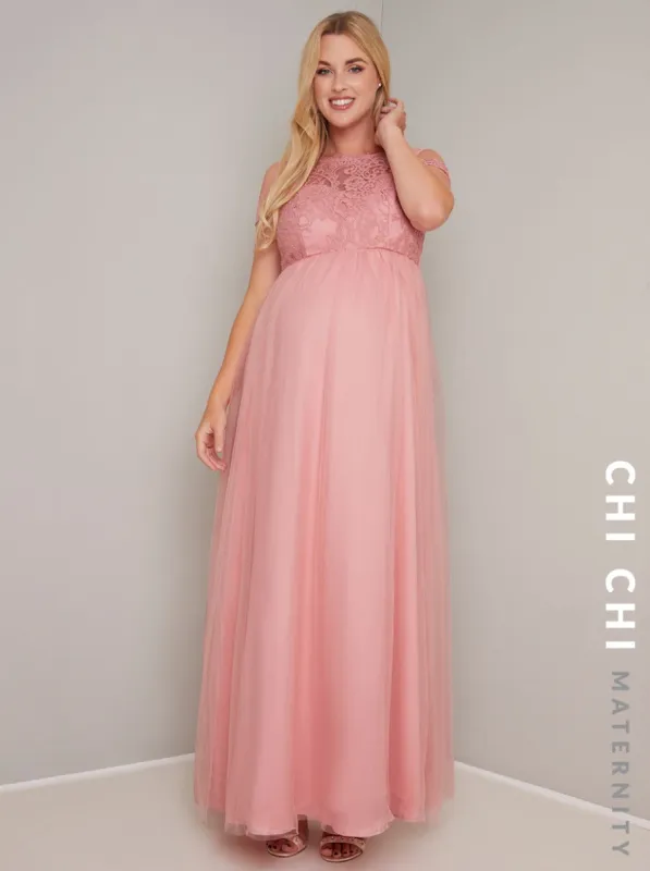 Maternity Lace Overlay Bodice Short Sleeve Maxi Dress in Pink made by Chi Chi London