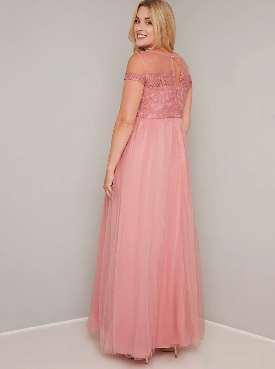 Maternity Lace Overlay Bodice Short Sleeve Maxi Dress in Pink sold by Chi Chi London product image thumbnail 4