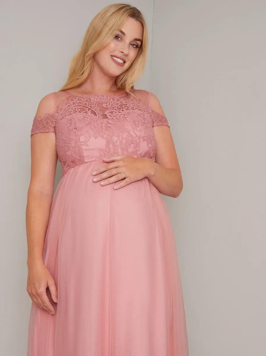 Maternity Lace Overlay Bodice Short Sleeve Maxi Dress in Pink sold by Chi Chi London product image thumbnail 2