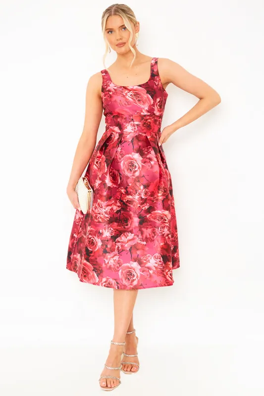 Sleeveless Floral Fit and Flare Midi Dress in Red sold by Chi Chi London