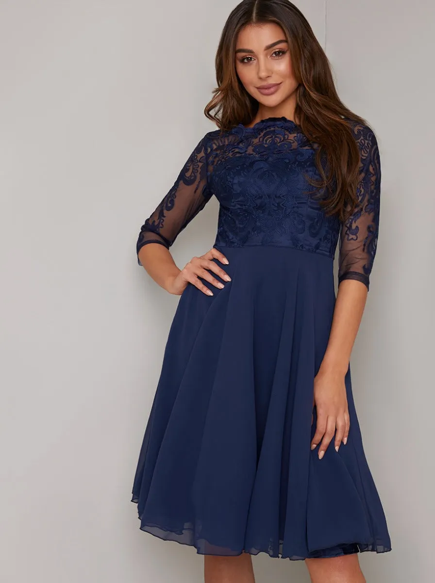 3/4 Sheer Sleeved Lace Bodice Midi Dress in Navy sold by Chi Chi London product image thumbnail 2