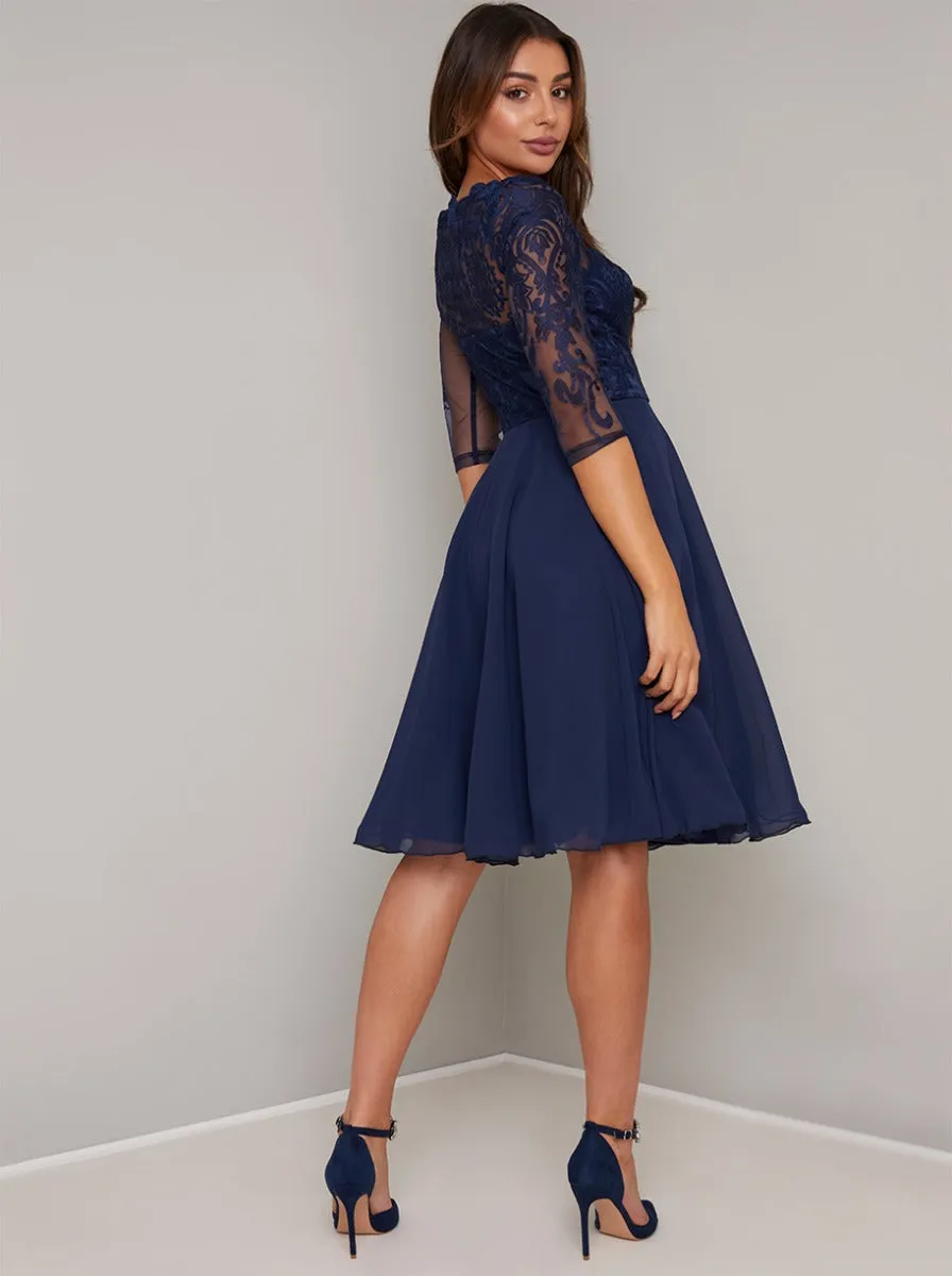 3/4 Sheer Sleeved Lace Bodice Midi Dress in Navy sold by Chi Chi London product image thumbnail 4