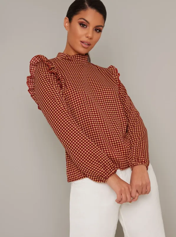 Printed Log Sleeved Frill Top in Brown sold by Chi Chi London