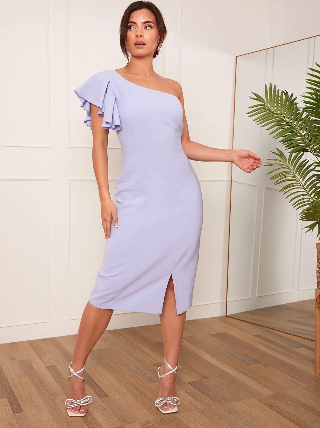 Petite Ruffle One Shoulder Midi Dress in Blue sold by Chi Chi London