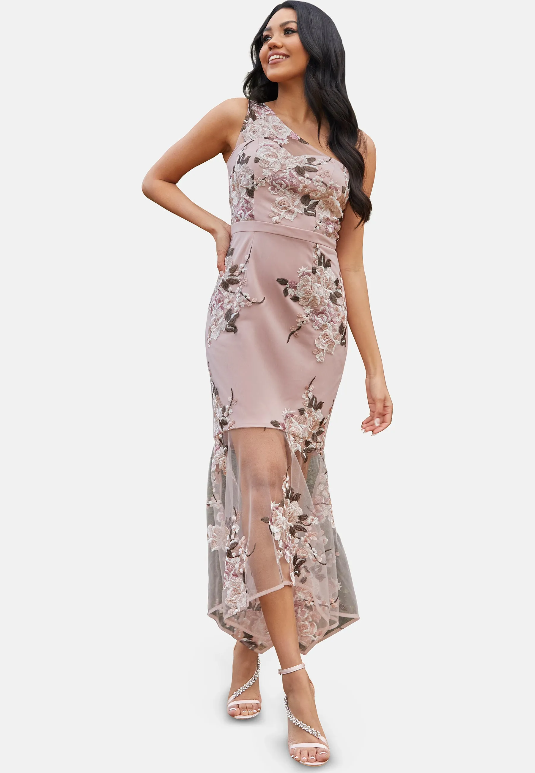 One Shoulder Peplum Floral Embroidered Dress in Pink sold by Chi Chi London product image thumbnail 5