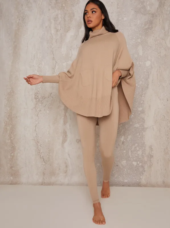 Turtle Neck Poncho Design Lounge Set in Beige sold by Chi Chi London