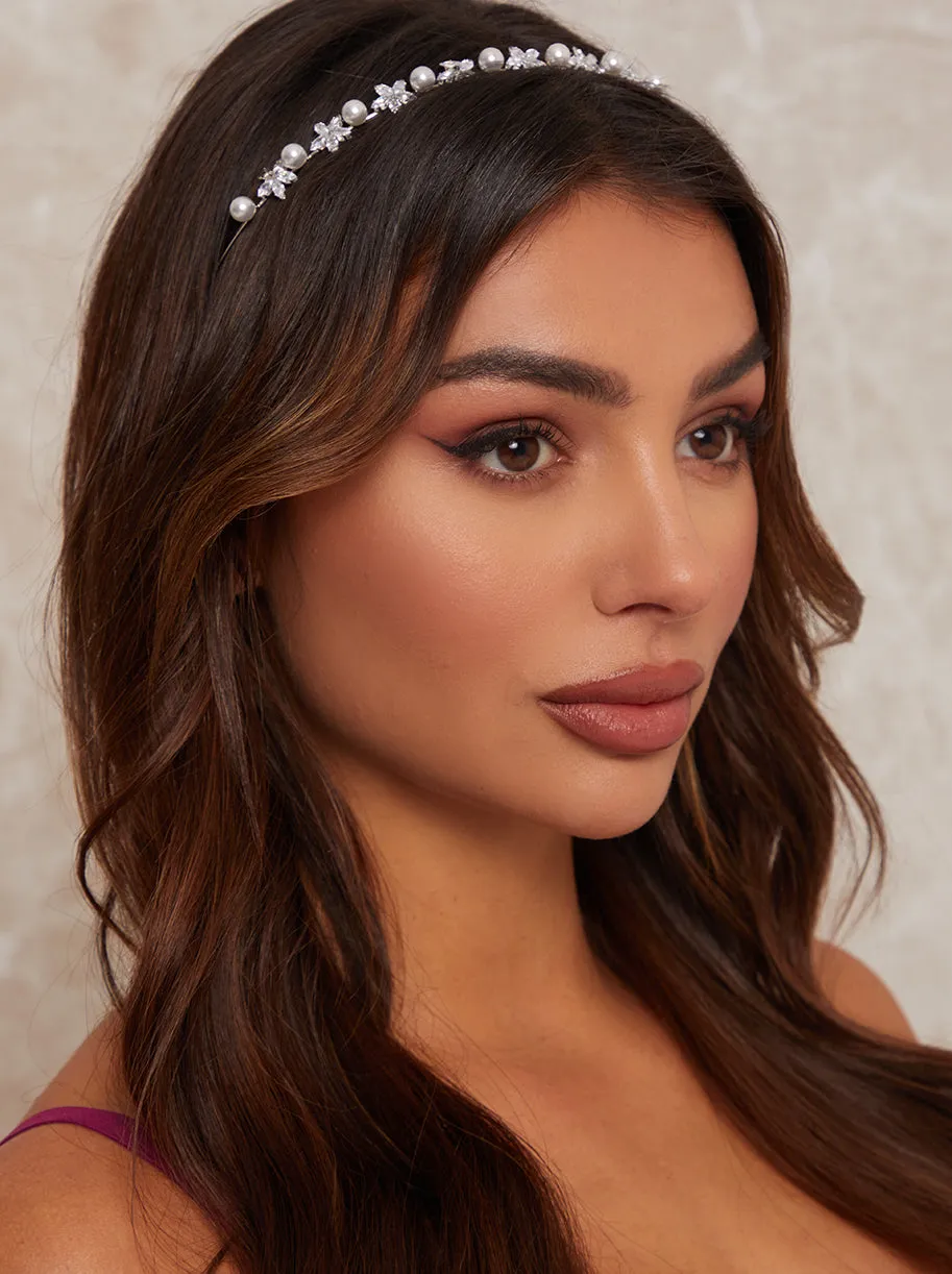 Pearl & Diamanté Embellished Headband in Silver sold by Chi Chi London
