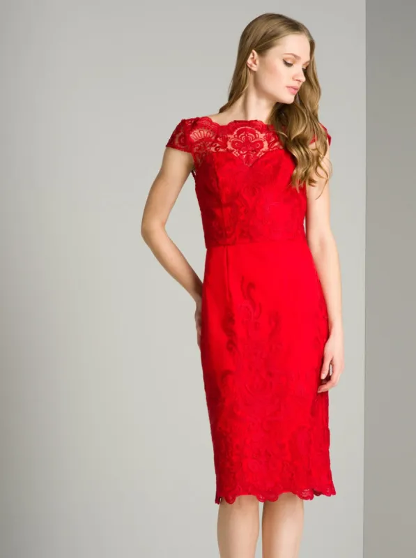 Embroidered Cap Sleeve Bodycon Dress in Red sold by Chi Chi London