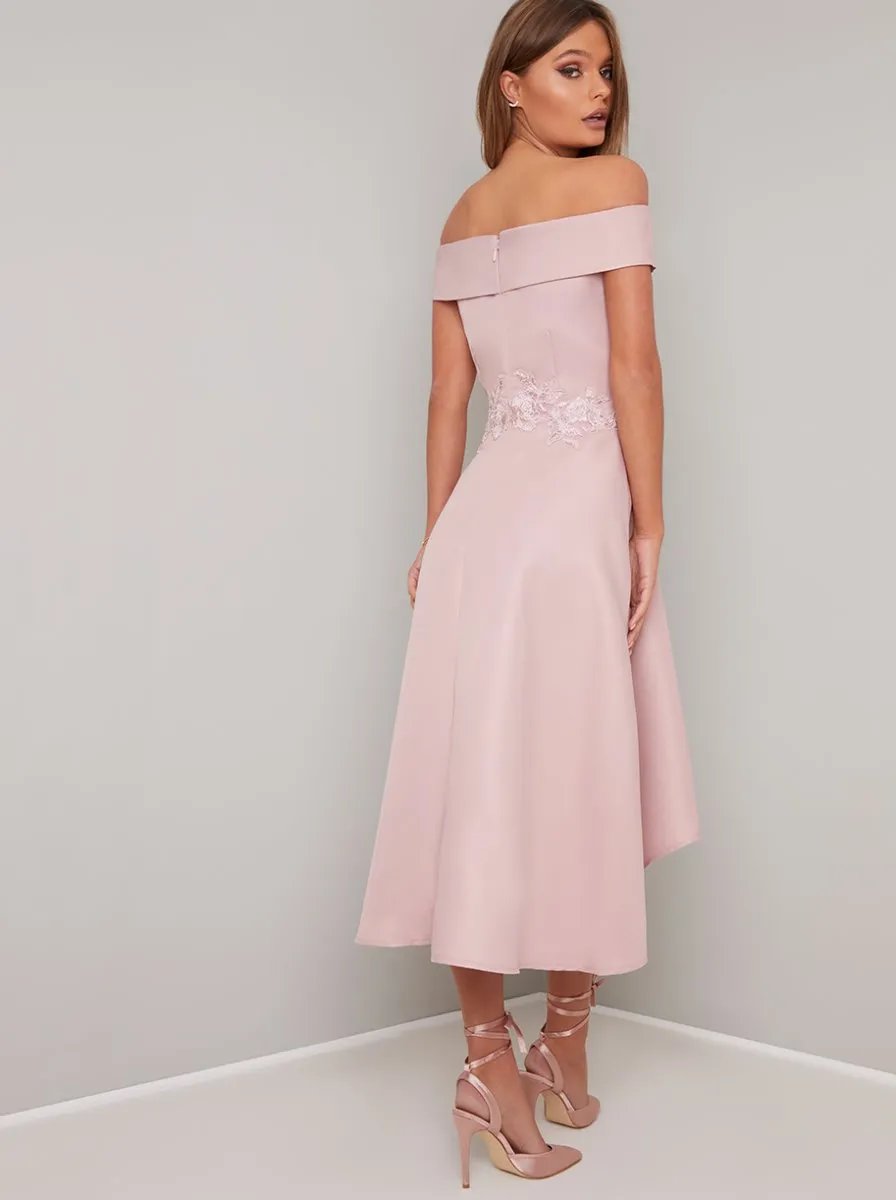 Bardot Lace Detail Dip Hem Midi Dress in Pink sold by Chi Chi London product image thumbnail 3