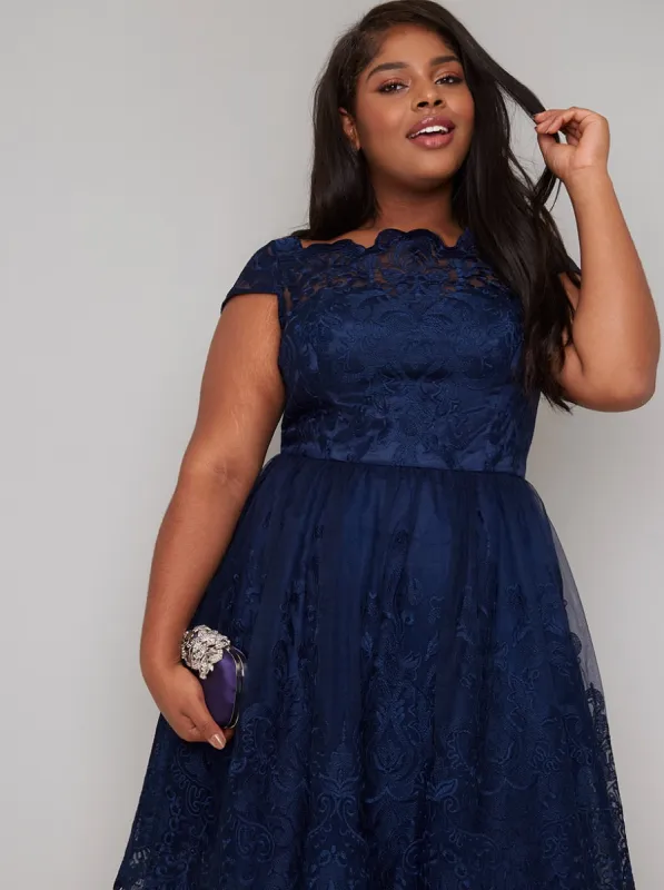Plus Size Lace Detail Cap Sleeved Midi Dress In Blue sold by Chi Chi London