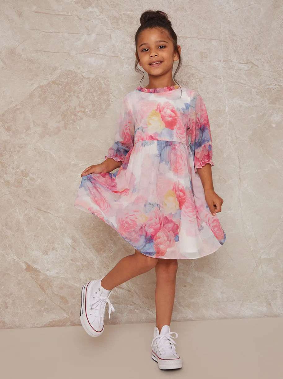 Girls Watercolour Floral Printed Dress in Pink sold by Chi Chi London product image thumbnail 3