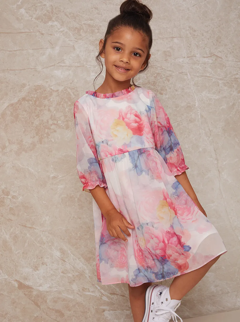Girls Watercolour Floral Printed Dress in Pink sold by Chi Chi London