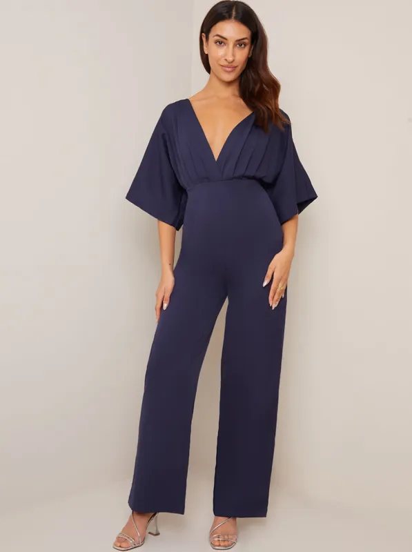 Batwing V Neck Wide Leg Jumpsuit in Navy sold by Chi Chi London
