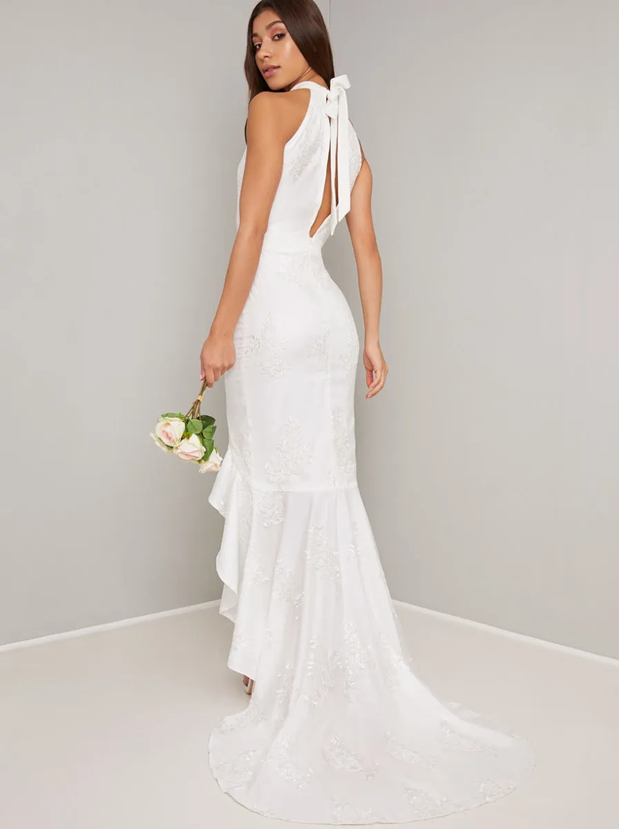 Bridal Embroidered Fishtail Dip Hem Wedding Dress in White sold by Chi Chi London product image thumbnail 2