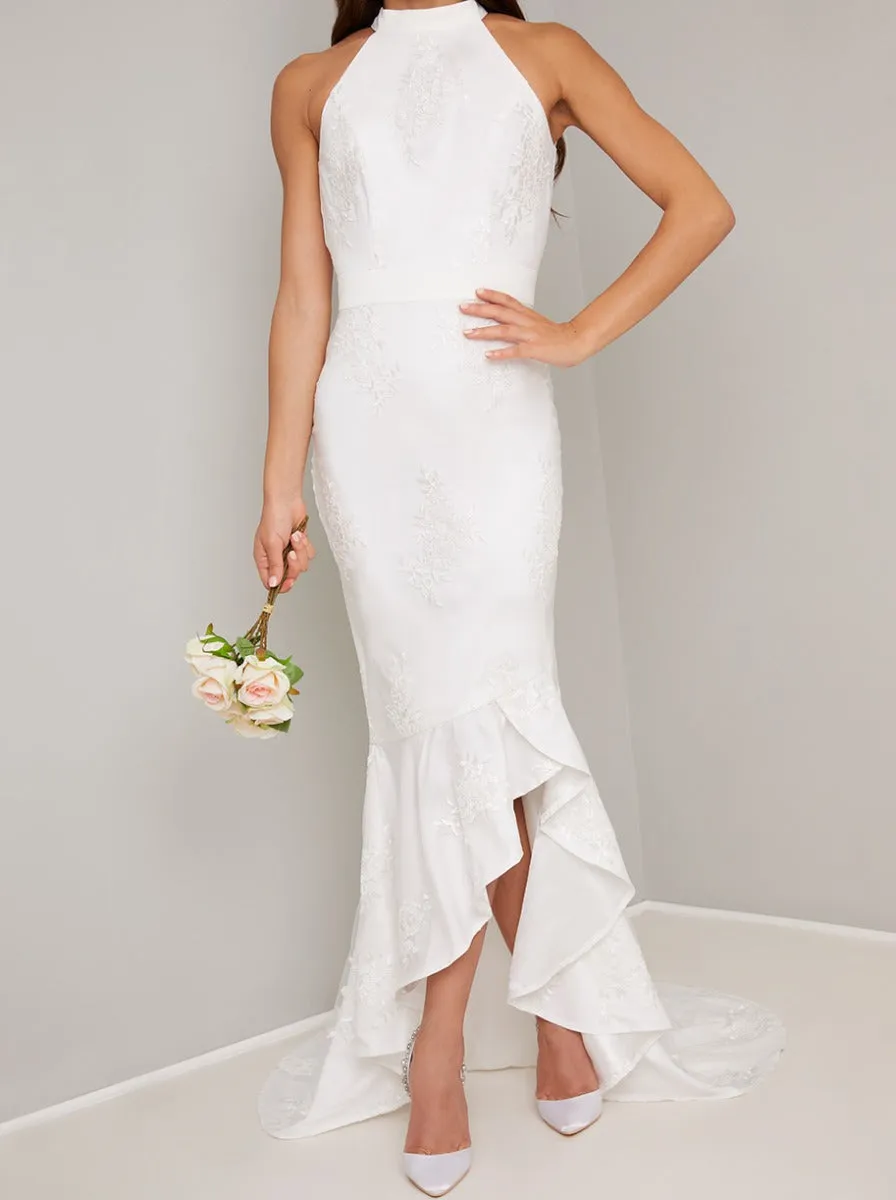 Bridal Embroidered Fishtail Dip Hem Wedding Dress in White sold by Chi Chi London product image thumbnail 4
