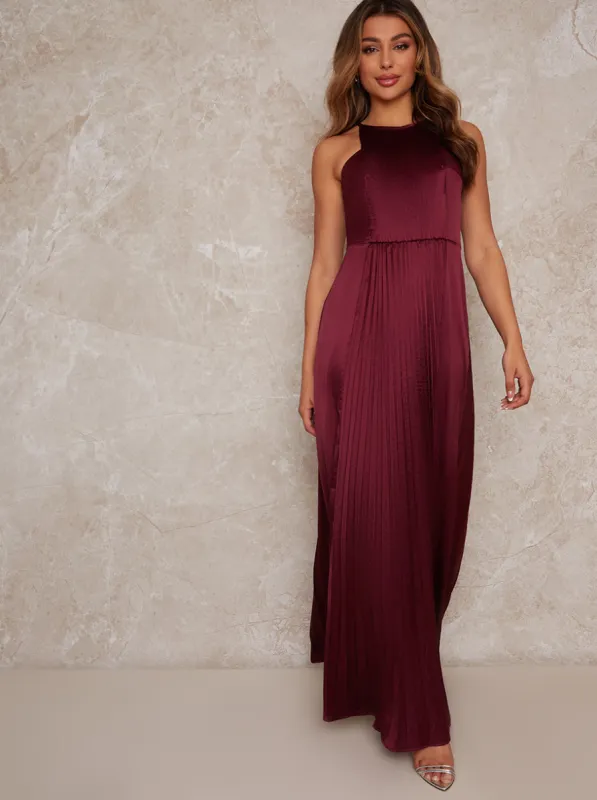 High Neck Satin Pleated Maxi Dress in Berry sold by Chi Chi London