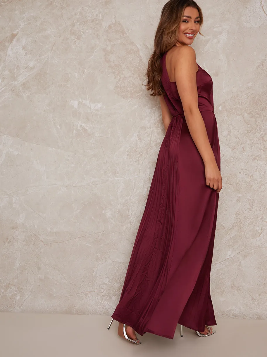 High Neck Satin Pleated Maxi Dress in Berry sold by Chi Chi London product image thumbnail 4