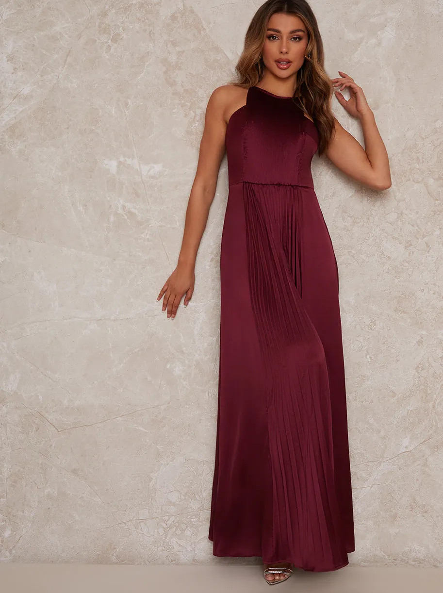 High Neck Satin Pleated Maxi Dress in Berry sold by Chi Chi London product image thumbnail 3