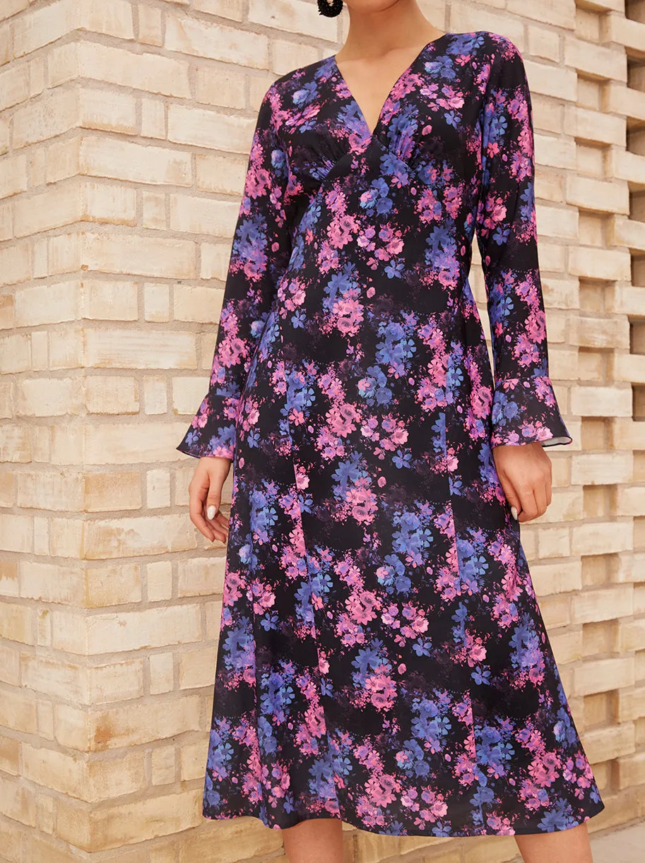 Long Sleeve V Neck Floral Print Midi Dress in Black sold by Chi Chi London product image thumbnail 5