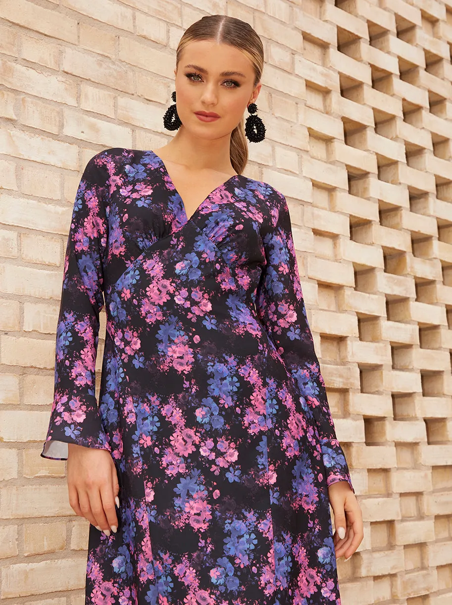 Long Sleeve V Neck Floral Print Midi Dress in Black sold by Chi Chi London product image thumbnail 3