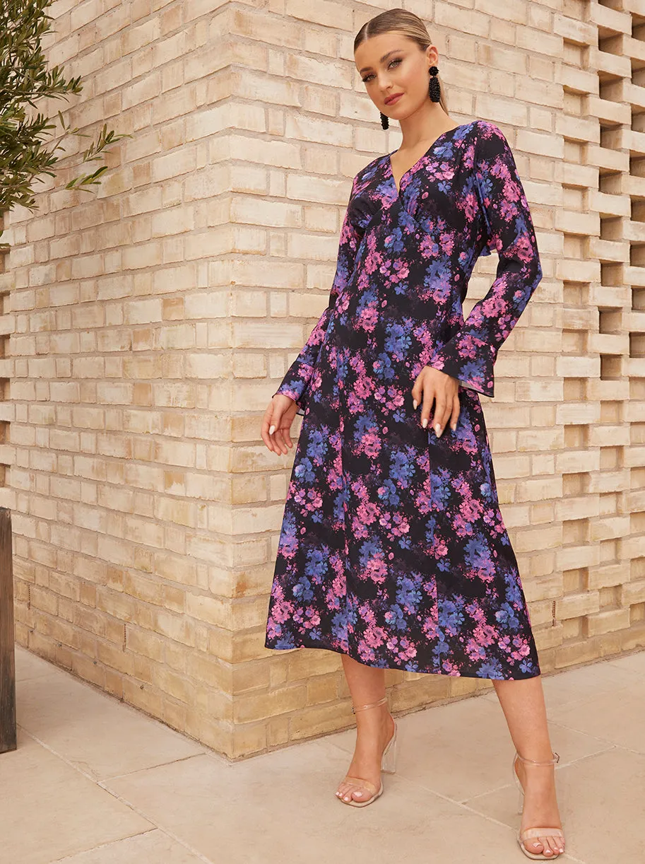 Long Sleeve V Neck Floral Print Midi Dress in Black sold by Chi Chi London product image thumbnail 2