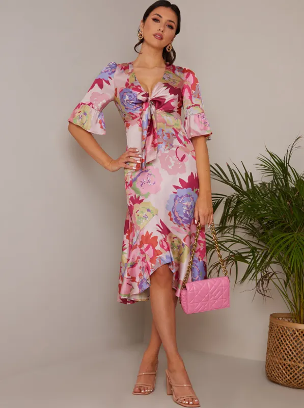 Short Sleeve Tie Front Floral Midi Dress in Pink sold by Chi Chi London