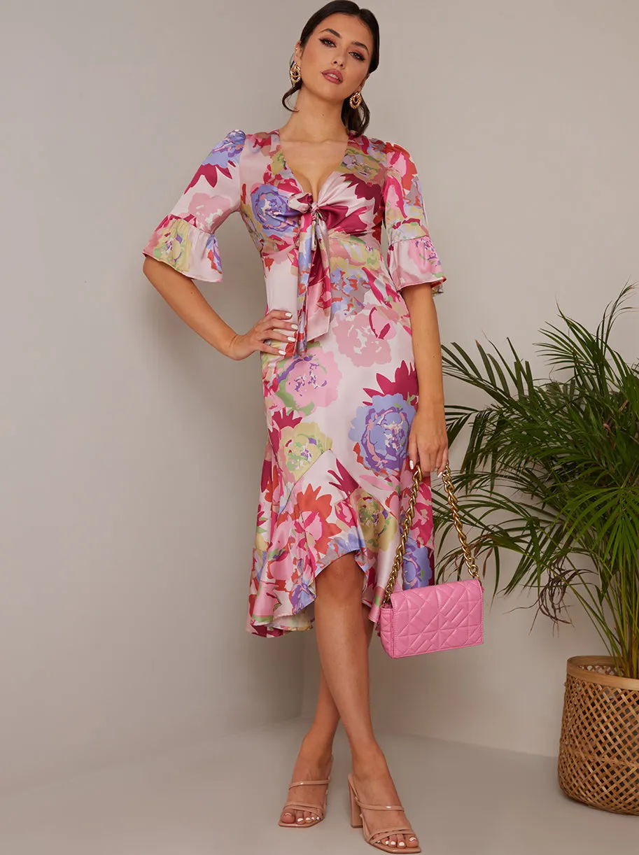 Short Sleeve Tie Front Floral Midi Dress in Pink sold by Chi Chi London