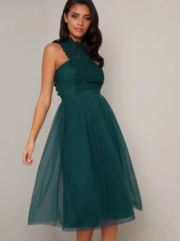 High Neck Lace Panel Tulle Midi Dress in Green sold by Chi Chi London