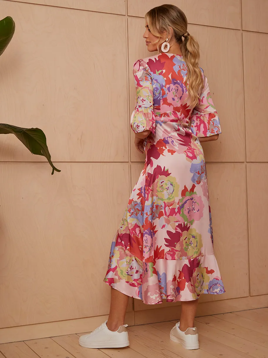 Short Sleeve Tie Front Floral Midi Dress in Pink sold by Chi Chi London product image thumbnail 5