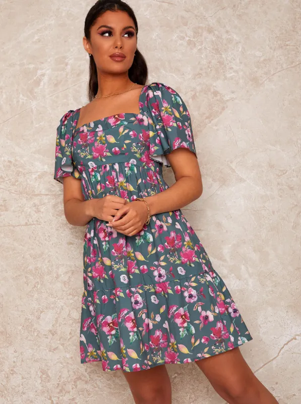 Square Neck Floral Print Mini Day Dress in Green sold by Chi Chi London