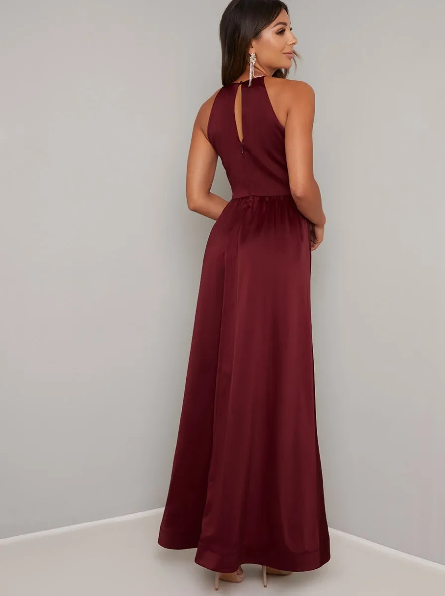 Satin Halterneck Dip Hem Dress in Red sold by Chi Chi London product image thumbnail 2