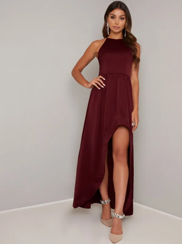 Satin Halterneck Dip Hem Dress in Red sold by Chi Chi London