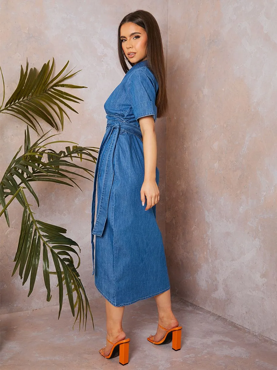 Short Sleeve Denim Wrap Midi Dress in Blue sold by Chi Chi London product image thumbnail 3