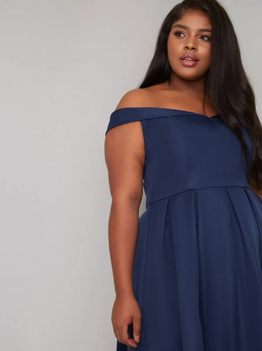 Fold-Over Curve Bardot Midi Dress in Blue sold by Chi Chi London