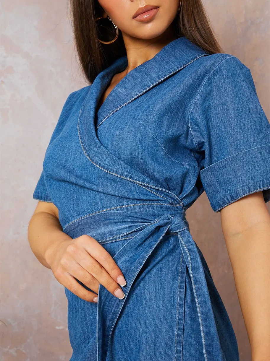 Short Sleeve Denim Wrap Midi Dress in Blue sold by Chi Chi London product image thumbnail 2