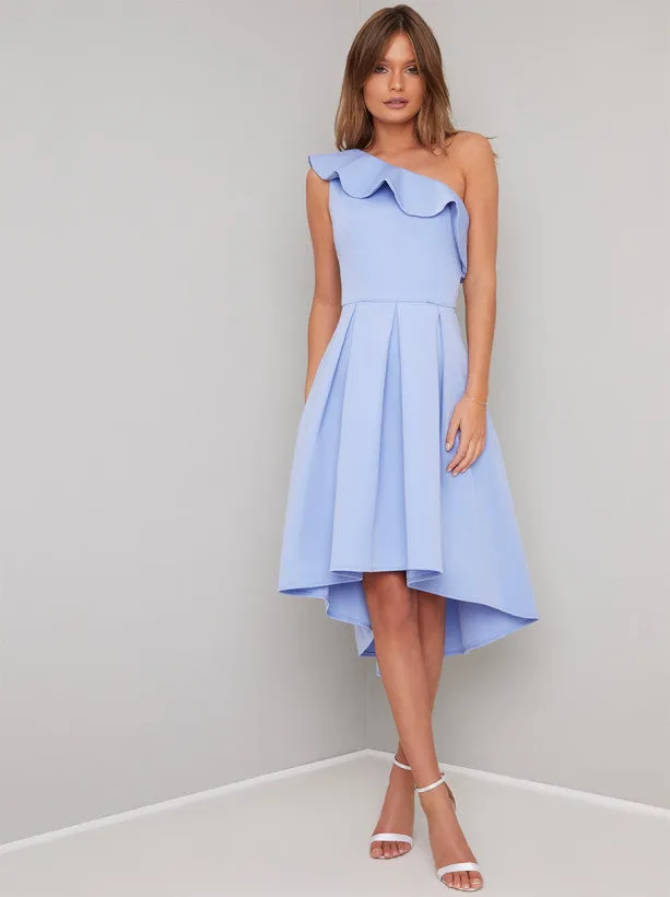 One Shoulder Frill Dip Hem Midi Dress in Blue sold by Chi Chi London