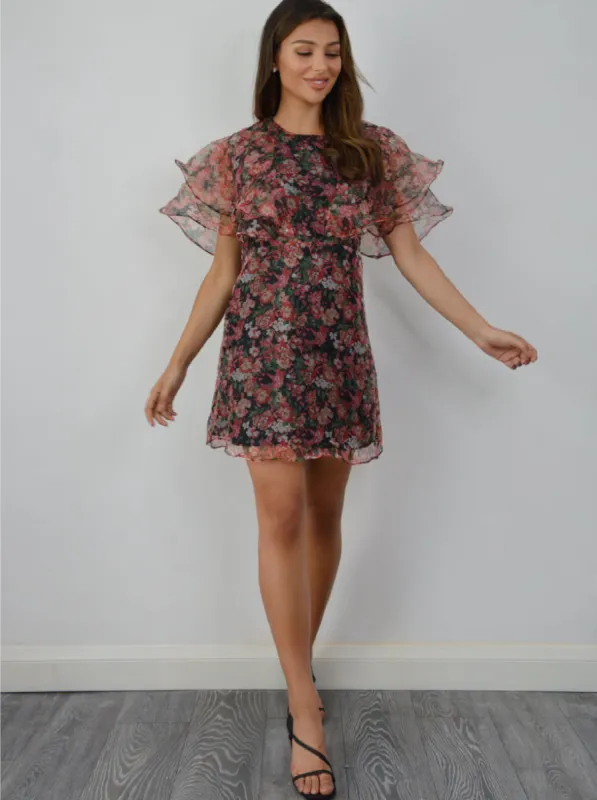 Floral Print Ruffle Sleeve Mini Dress in Black sold by Chi Chi London