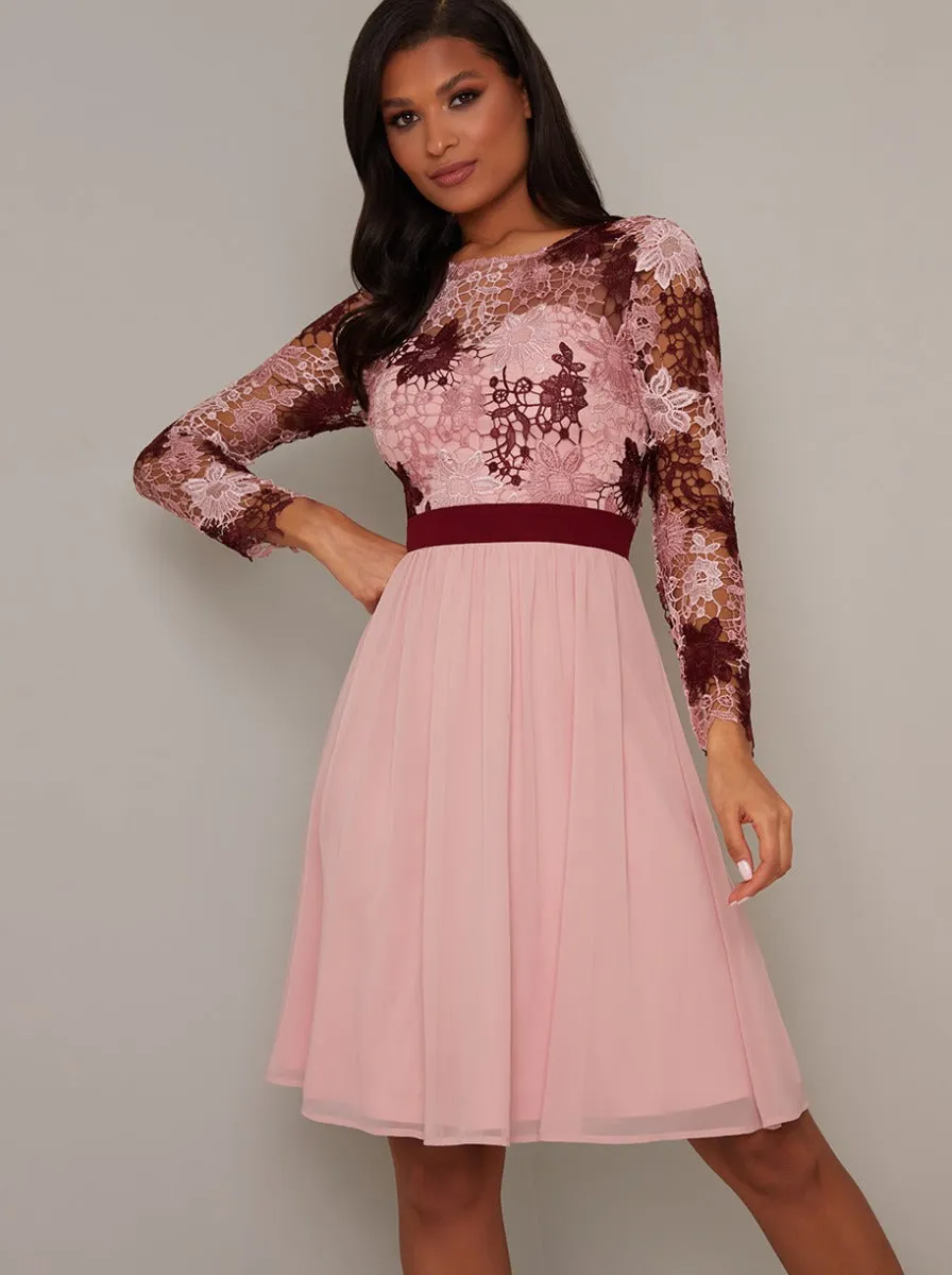 Lace Crochet Bodice Midi Dress in Pink sold by Chi Chi London