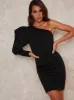 One Shoulder Puff Sleeve Bodycon Mini Dress in Black sold by Chi Chi London