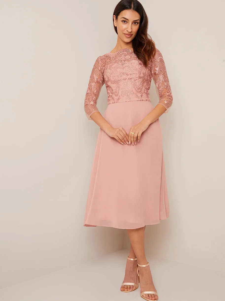 Lace Bodice Skater Dress in Pink sold by Chi Chi London