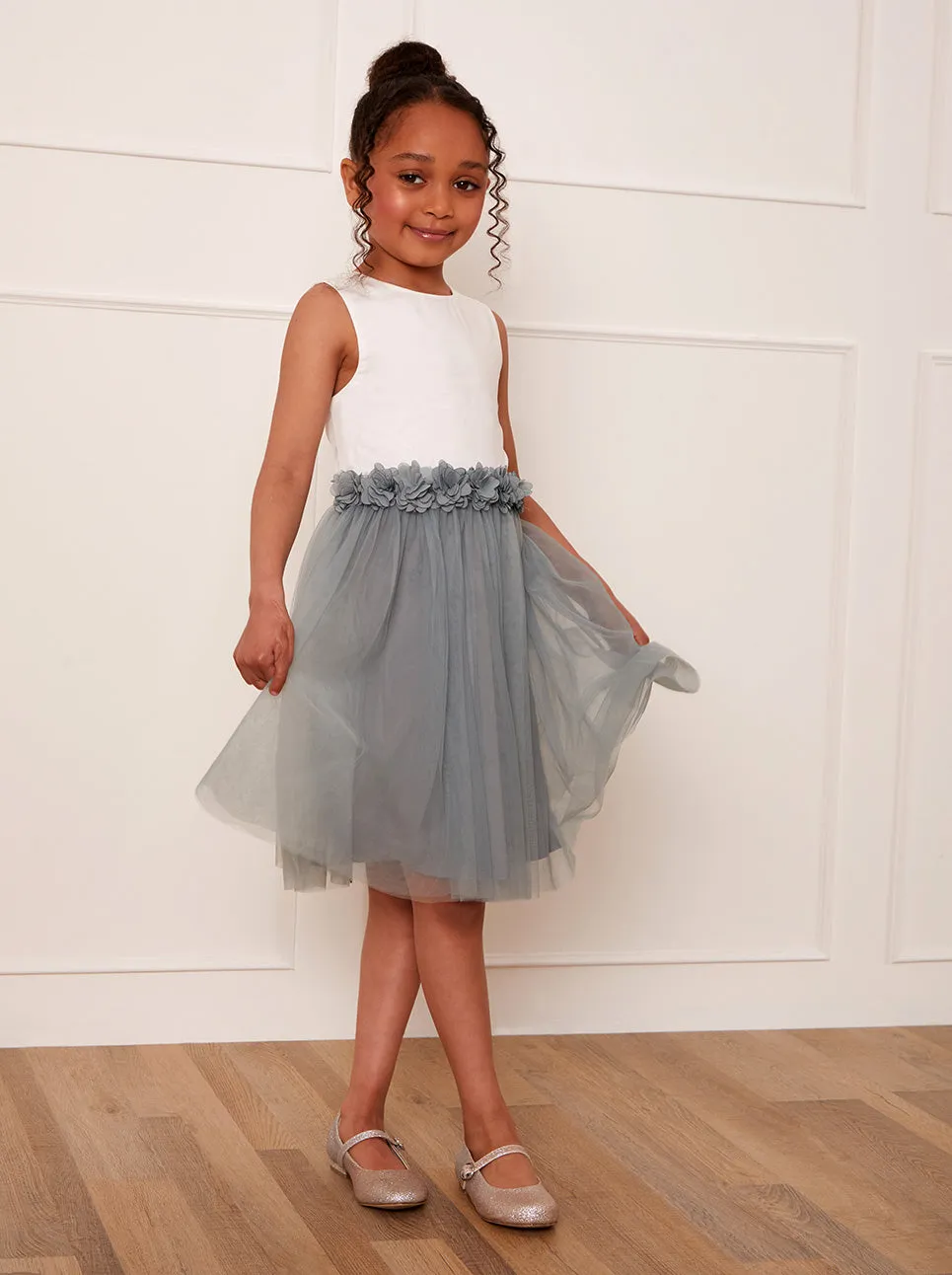 Girls Contrast 3D Floral Tutu Dress in Green sold by Chi Chi London product image thumbnail 4