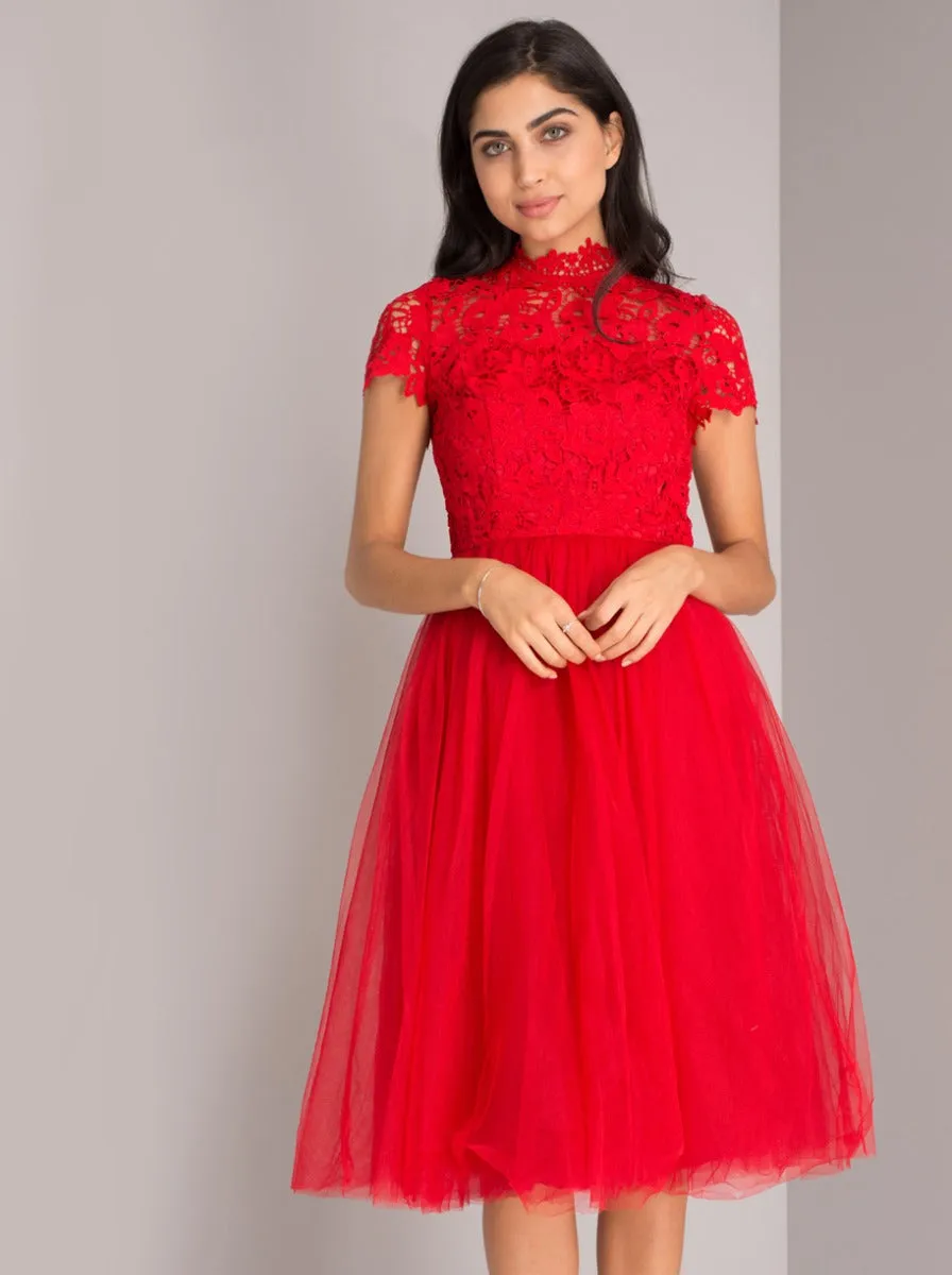 High Neck Lace Bodice Tulle Midi Dress in Red sold by Chi Chi London