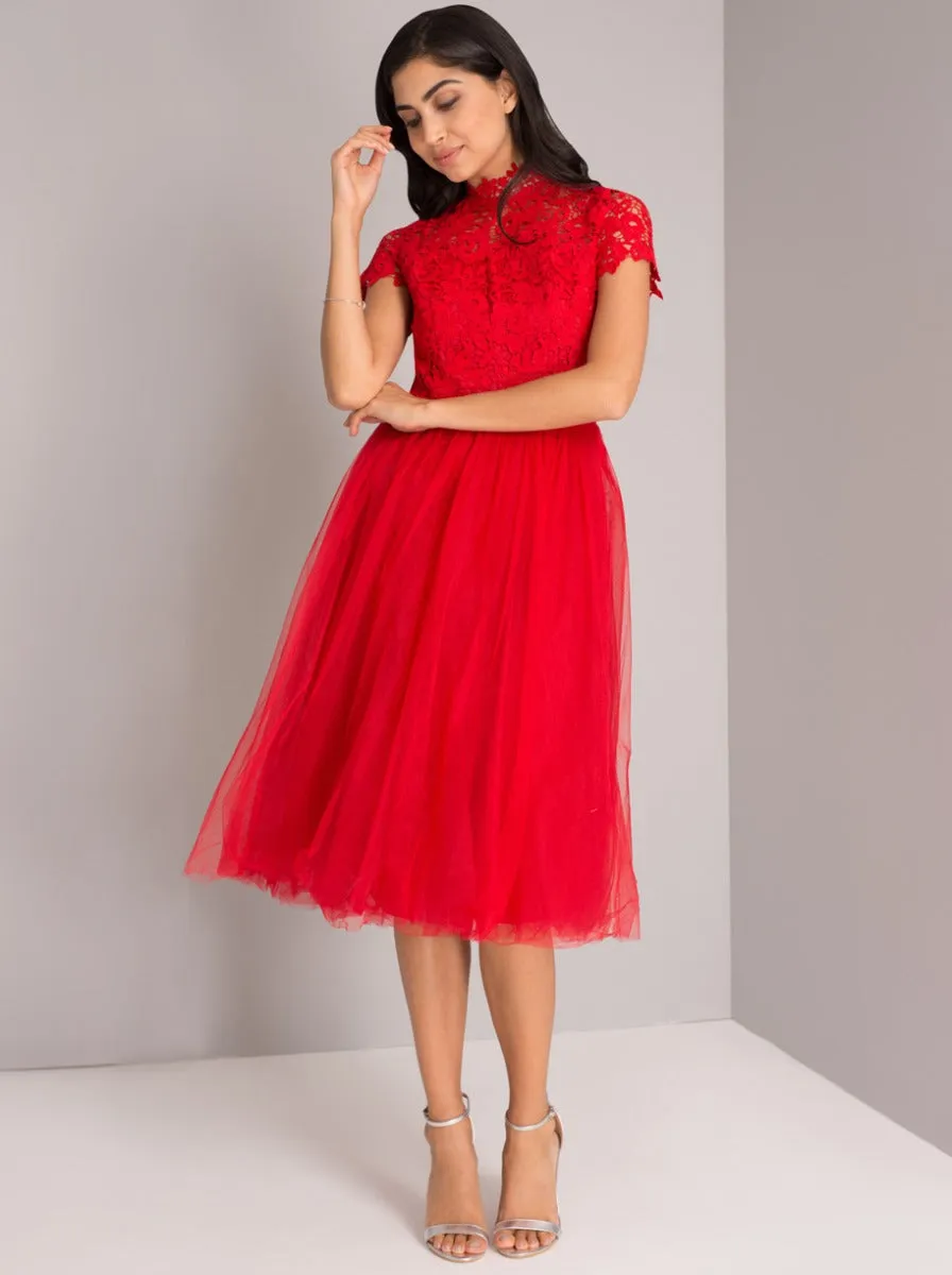 High Neck Lace Bodice Tulle Midi Dress in Red sold by Chi Chi London product image thumbnail 2