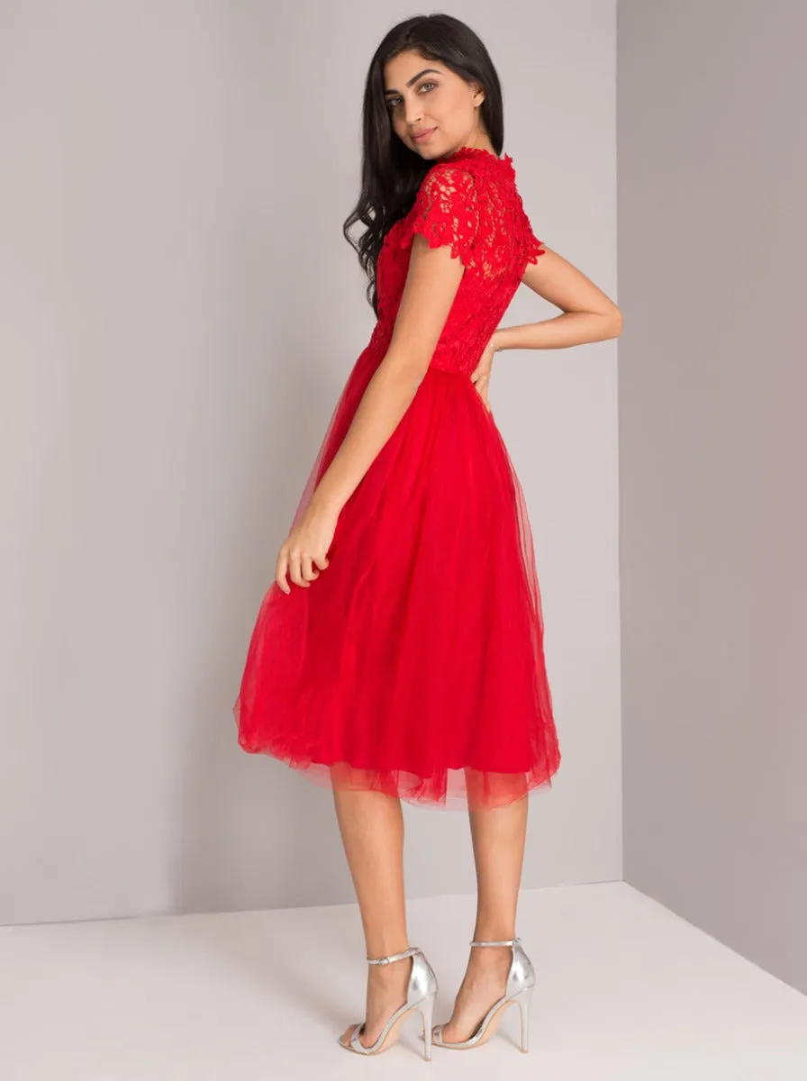High Neck Lace Bodice Tulle Midi Dress in Red sold by Chi Chi London product image thumbnail 3