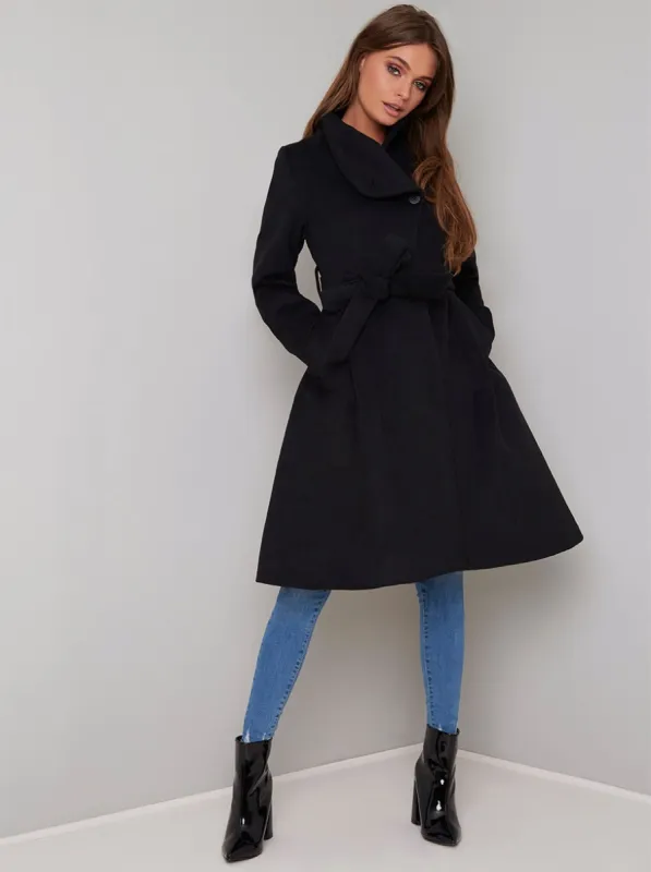 Longline High Neck Wrap Coat in Black sold by Chi Chi London